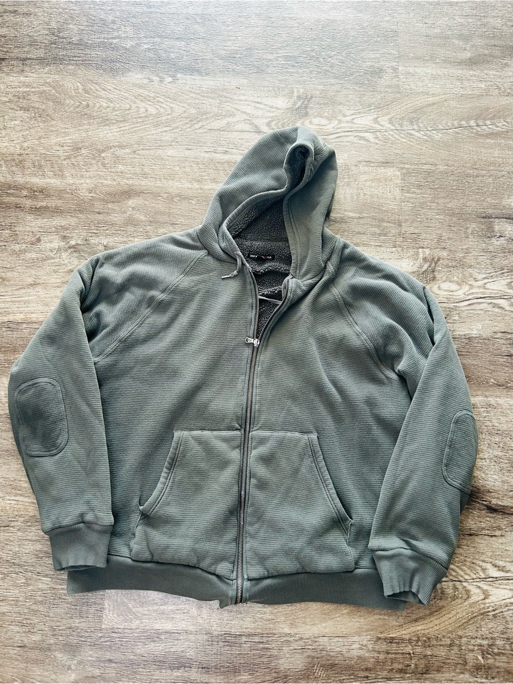 John Varvatos USA Sherpa Lined Full Zip Hoodie Gray Waffle Knit Elbow Patches